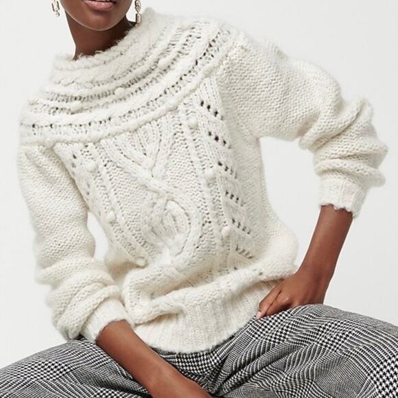 J. Crew Sweaters - J. Crew Pointelle Pom Pom Sweater Alpaca Wool Blend Chunky Cable Knit Preppy